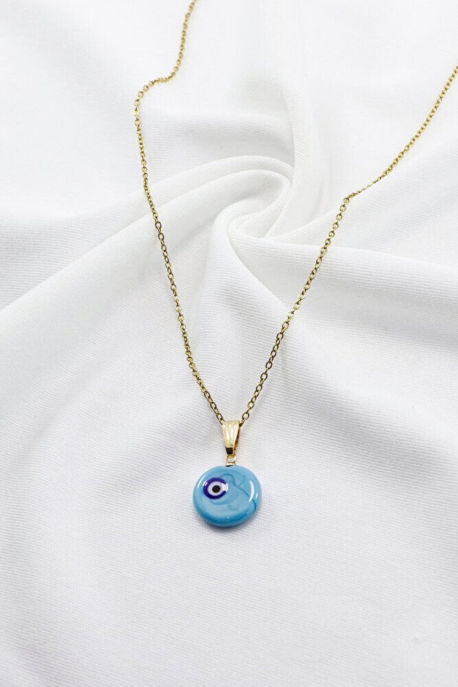 Turkuaz El Yapımı Nazar Boncuğu Gold Renkli Çelik Kolye, Hediyelik Kolye