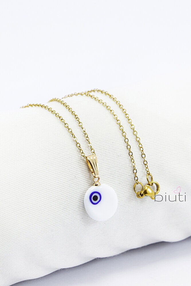 Beyaz El Yapımı Nazar Boncuğu Gold Renkli Çelik Kolye, Hediyelik Kolye