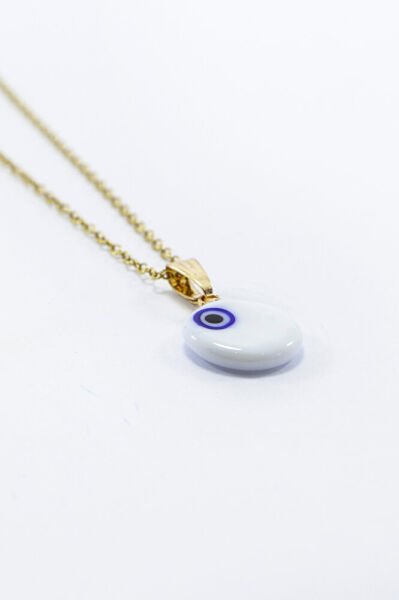 Beyaz El Yapımı Nazar Boncuğu Gold Renkli Çelik Kolye, Hediyelik Kolye