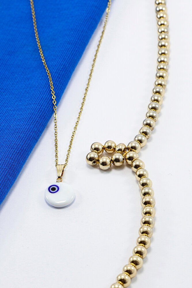 Beyaz El Yapımı Nazar Boncuğu Gold Renkli Çelik Kolye, Hediyelik Kolye