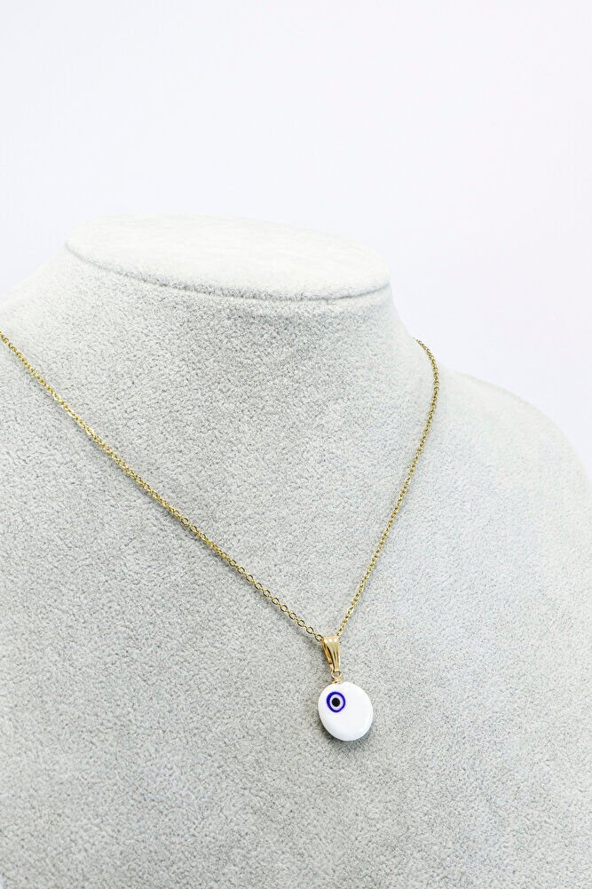 Beyaz El Yapımı Nazar Boncuğu Gold Renkli Çelik Kolye, Hediyelik Kolye