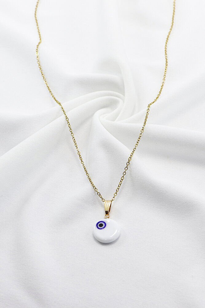Beyaz El Yapımı Nazar Boncuğu Gold Renkli Çelik Kolye, Hediyelik Kolye