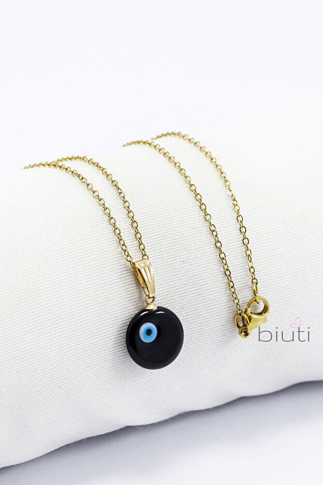 Siyah El Yapımı Nazar Boncuğu Gold Renkli Zincirli Çelik Kolye, Hediyelik Kolye