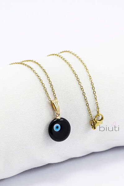 Siyah El Yapımı Nazar Boncuğu Gold Renkli Zincirli Çelik Kolye, Hediyelik Kolye
