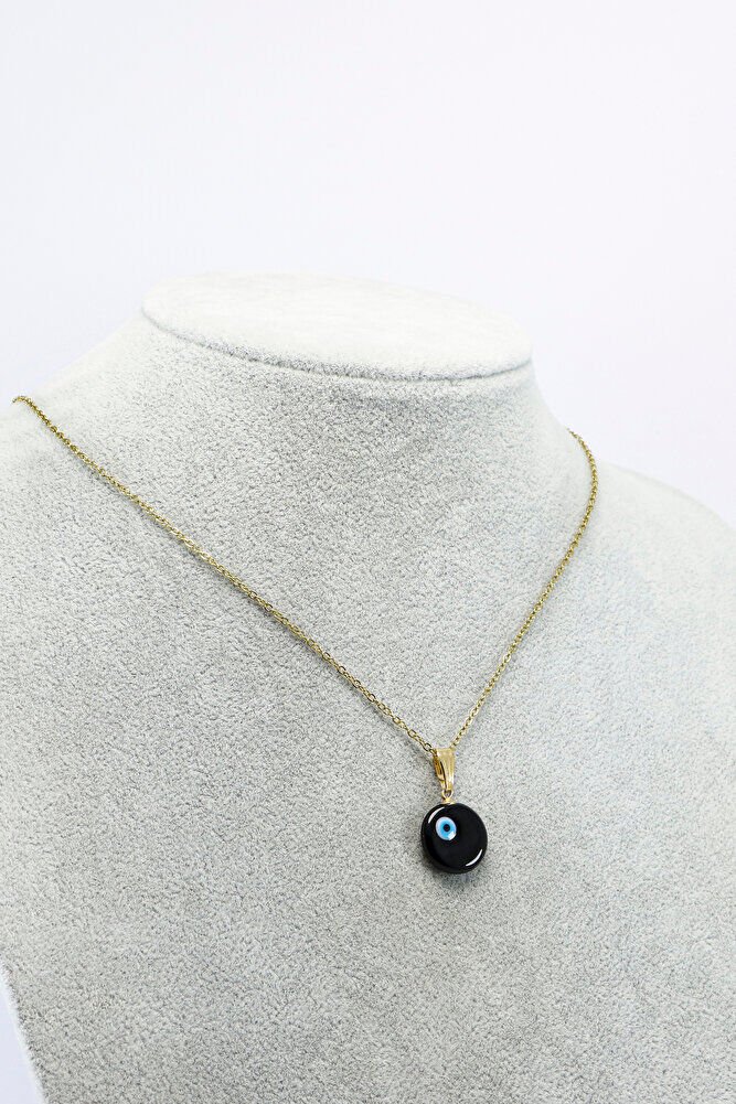 Siyah El Yapımı Nazar Boncuğu Gold Renkli Zincirli Çelik Kolye, Hediyelik Kolye