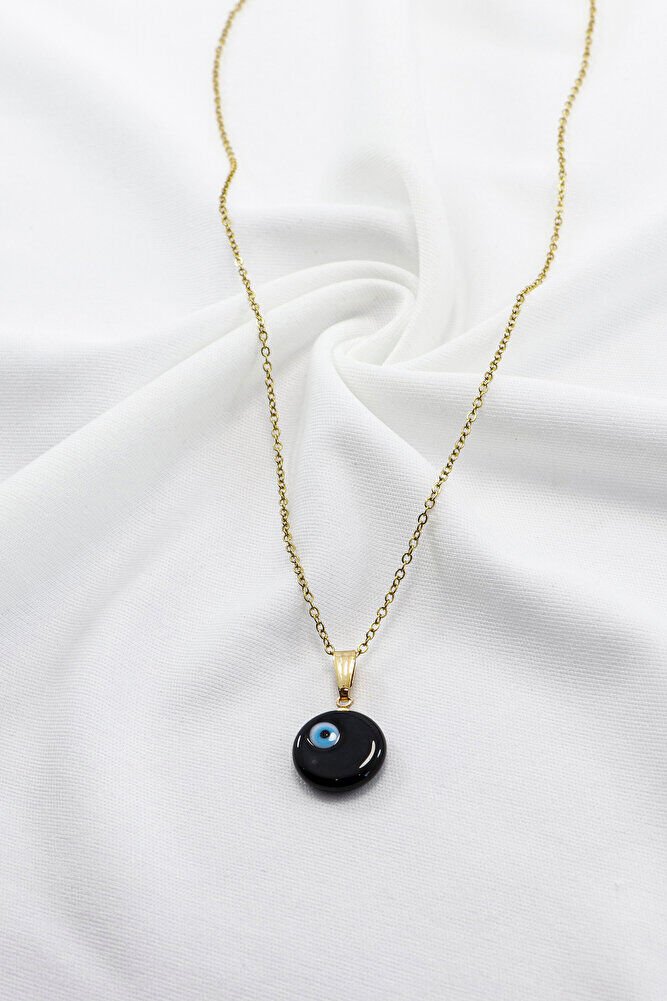 Siyah El Yapımı Nazar Boncuğu Gold Renkli Zincirli Çelik Kolye, Hediyelik Kolye