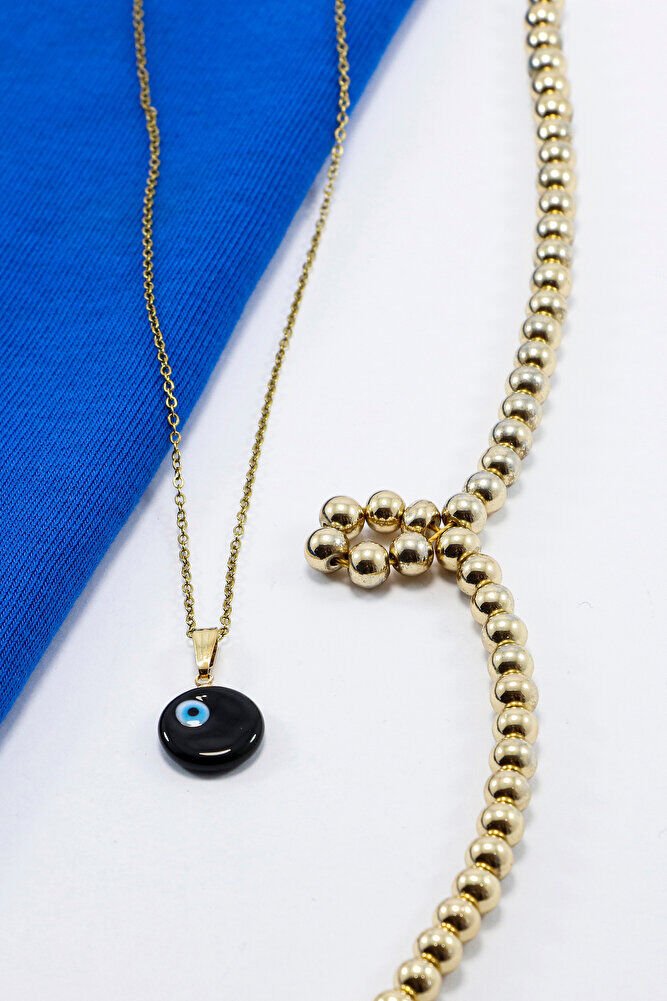 Siyah El Yapımı Nazar Boncuğu Gold Renkli Zincirli Çelik Kolye, Hediyelik Kolye