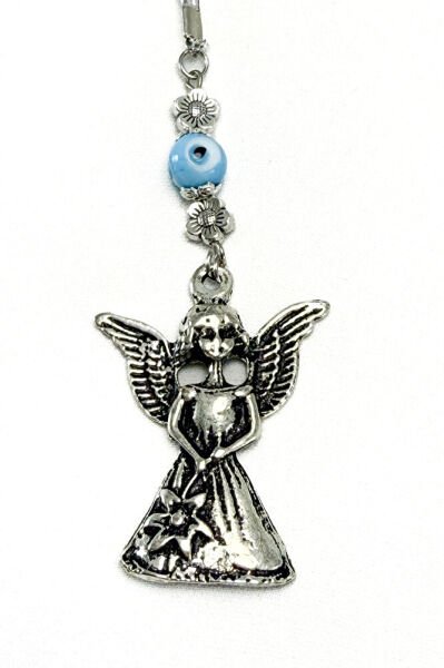 El Yapımı Mavi Cam Boncuklu Metal Kanatlı Melek Araba Dikiz Ayna Süsü