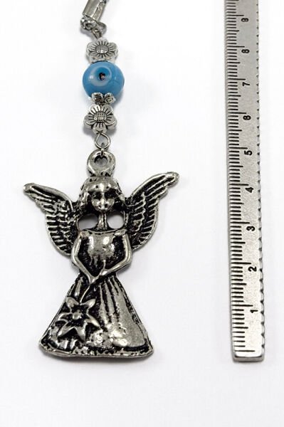 El Yapımı Mavi Cam Boncuklu Metal Kanatlı Melek Araba Dikiz Ayna Süsü