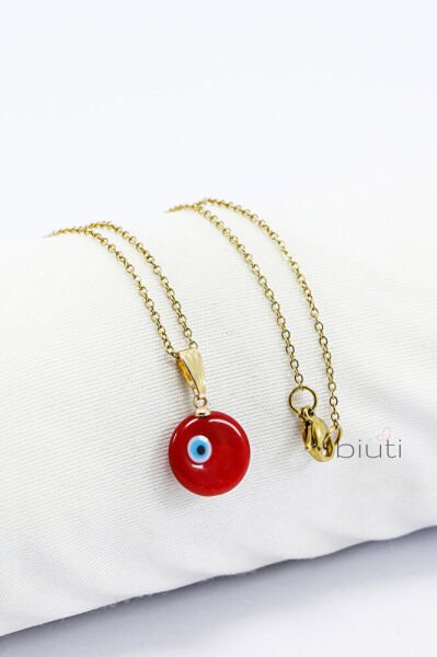 Kırmızı El Yapımı Nazar Boncuğu Çelik Kolye, Hediyelik Kolye