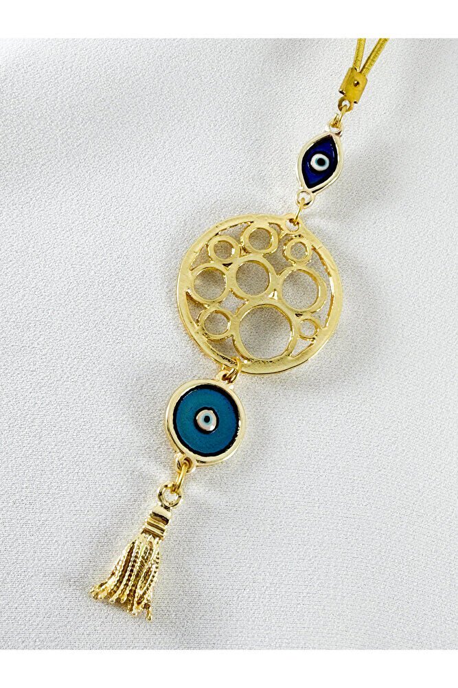 Mineli Nazar Boncuklu, Araba Dikiz Ayna Süsü/Püsküllü Gold Renkli Yeni Araba Hediyesi