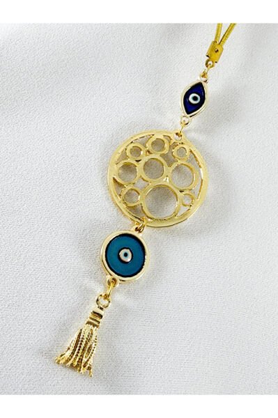 Mineli Nazar Boncuklu, Araba Dikiz Ayna Süsü/Püsküllü Gold Renkli Yeni Araba Hediyesi