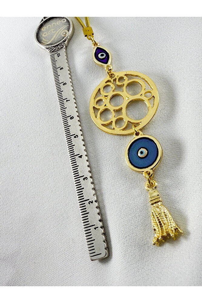 Mineli Nazar Boncuklu, Araba Dikiz Ayna Süsü/Püsküllü Gold Renkli Yeni Araba Hediyesi