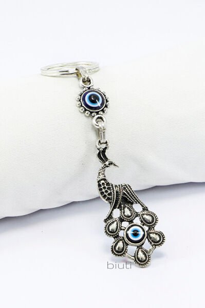Tavus Kuşu ve Nazar Boncuklu Metal Anahtarlık, Hediyelik Küçük Çanta Süsü