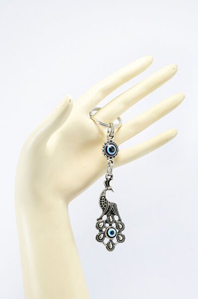 Tavus Kuşu ve Nazar Boncuklu Metal Anahtarlık, Hediyelik Küçük Çanta Süsü