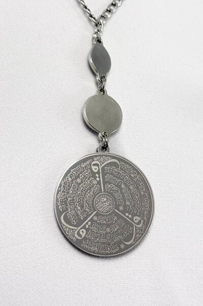 Mineli Nazar Zincirli Gümüş Renk Çelik Çift Taraflı Ayetel Kürsi/ Felak Nas İhlas Dikiz Ayna Süsü