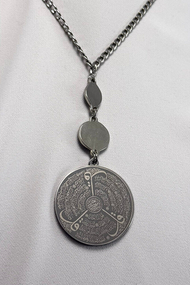 Mineli Nazar Zincirli Gümüş Renk Çelik Çift Taraflı Ayetel Kürsi/ Felak Nas İhlas Dikiz Ayna Süsü