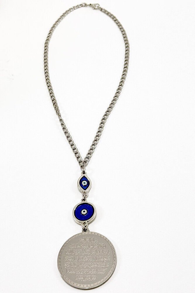 Mineli Nazar Zincirli Gümüş Renk Çelik Çift Taraflı Ayetel Kürsi/ Felak Nas İhlas Dikiz Ayna Süsü