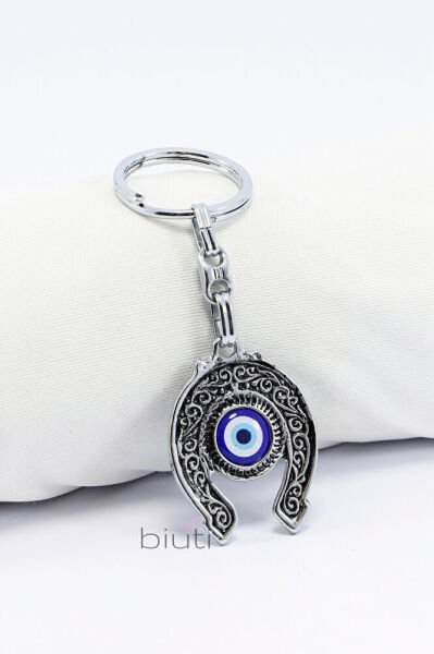 Nazar Boncuklu Klasik Desenli At Nalı Metal Anahtarlık, Hediyelik Küçük Çanta Süsü