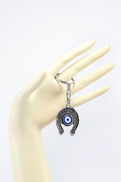 Nazar Boncuklu Klasik Desenli At Nalı Metal Anahtarlık, Hediyelik Küçük Çanta Süsü