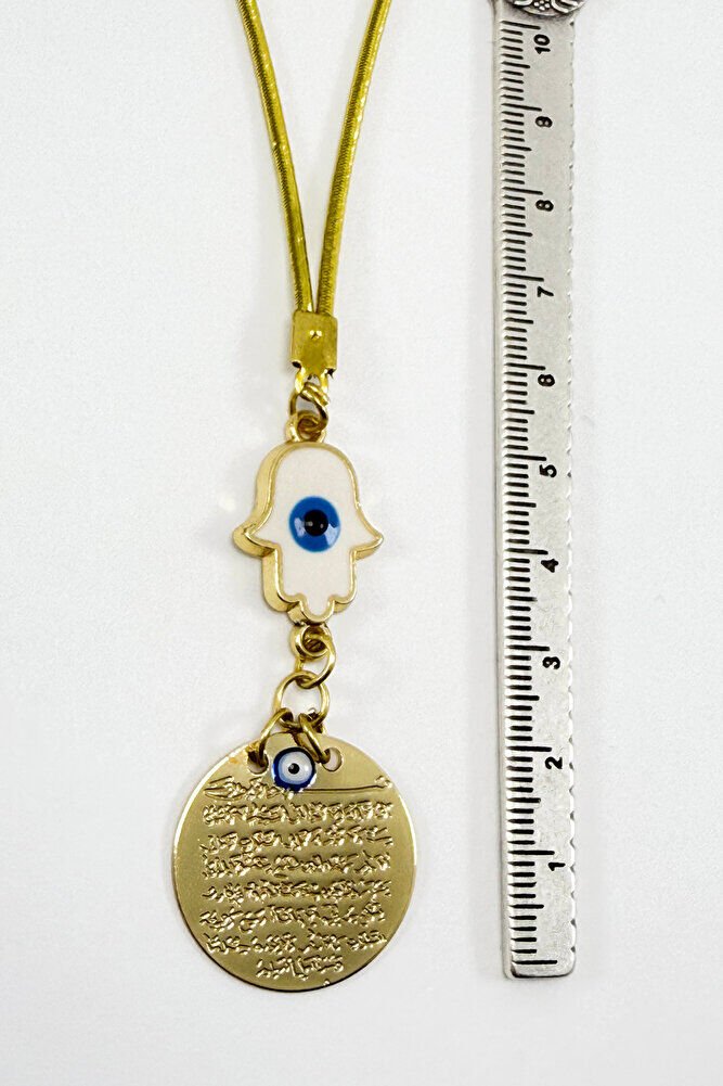 Beyaz Hamse Detaylı Gold Renkli Metal Ayetel Kürsi Araba Dikiz Ayna Süsü, Yeni Araba Hediyesi