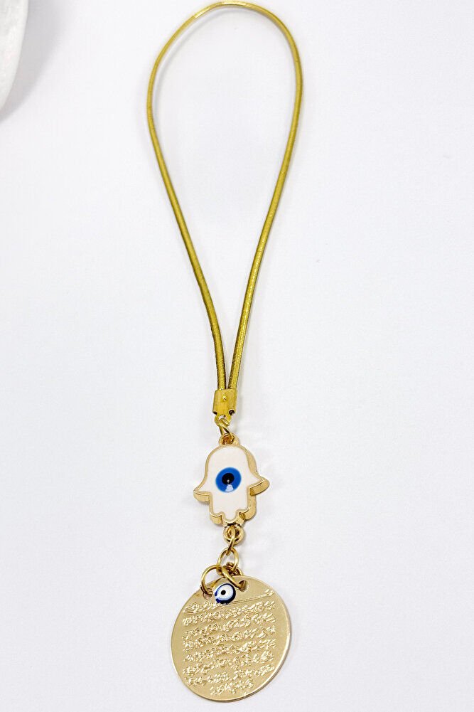 Beyaz Hamse Detaylı Gold Renkli Metal Ayetel Kürsi Araba Dikiz Ayna Süsü, Yeni Araba Hediyesi