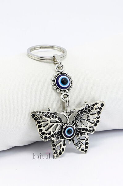 Kelebek ve Nazar Boncuklu Metal Anahtarlık, Hediyelik Küçük Çanta Süsü
