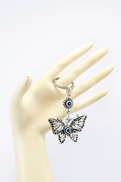 Kelebek ve Nazar Boncuklu Metal Anahtarlık, Hediyelik Küçük Çanta Süsü