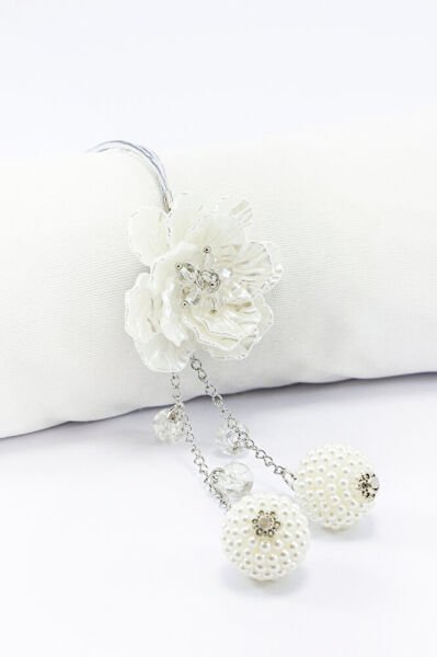 Gelin Arabası Dikiz Ayna Süsü İnci Püsküllü Gül, Necef Taşlı Lüks Gelin Süsü