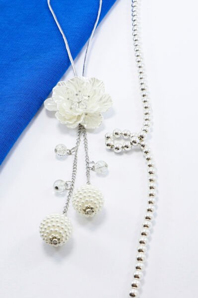 Gelin Arabası Dikiz Ayna Süsü İnci Püsküllü Gül, Necef Taşlı Lüks Gelin Süsü