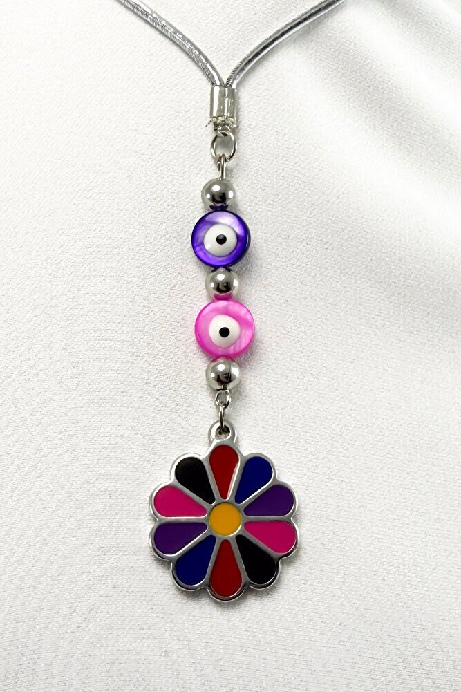 Renkli Sedef Nazar Boncuk Detaylı Rengarenk Çiçek Araba Dikiz Ayna Süsü / Yeni Araba Hediyesi