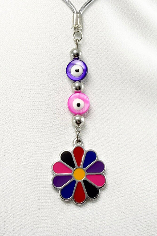 Renkli Sedef Nazar Boncuk Detaylı Rengarenk Çiçek Araba Dikiz Ayna Süsü / Yeni Araba Hediyesi