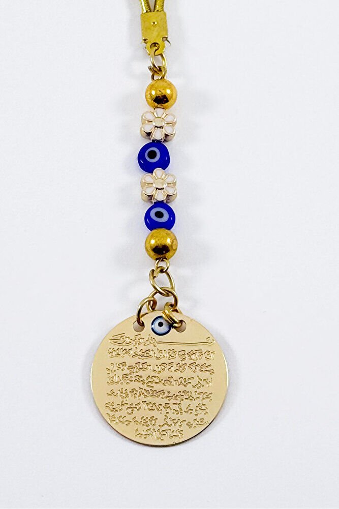 Papatya Nazar Boncuk Detaylı Gold Renkli Metal Ayetel Kürsi Araba Dikiz Ayna Süsü,  Araba Hediyesi